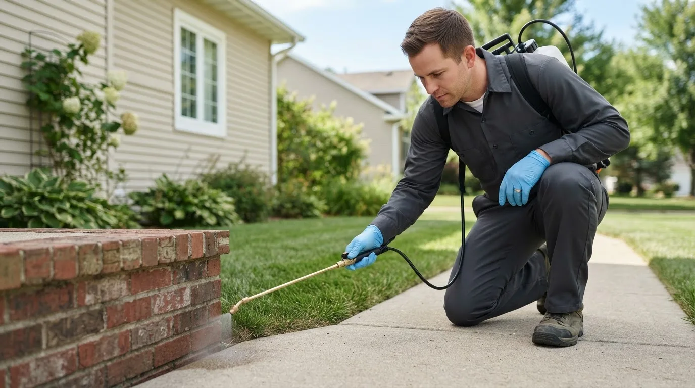 Pest control technician treating a home near Elkhart, KS